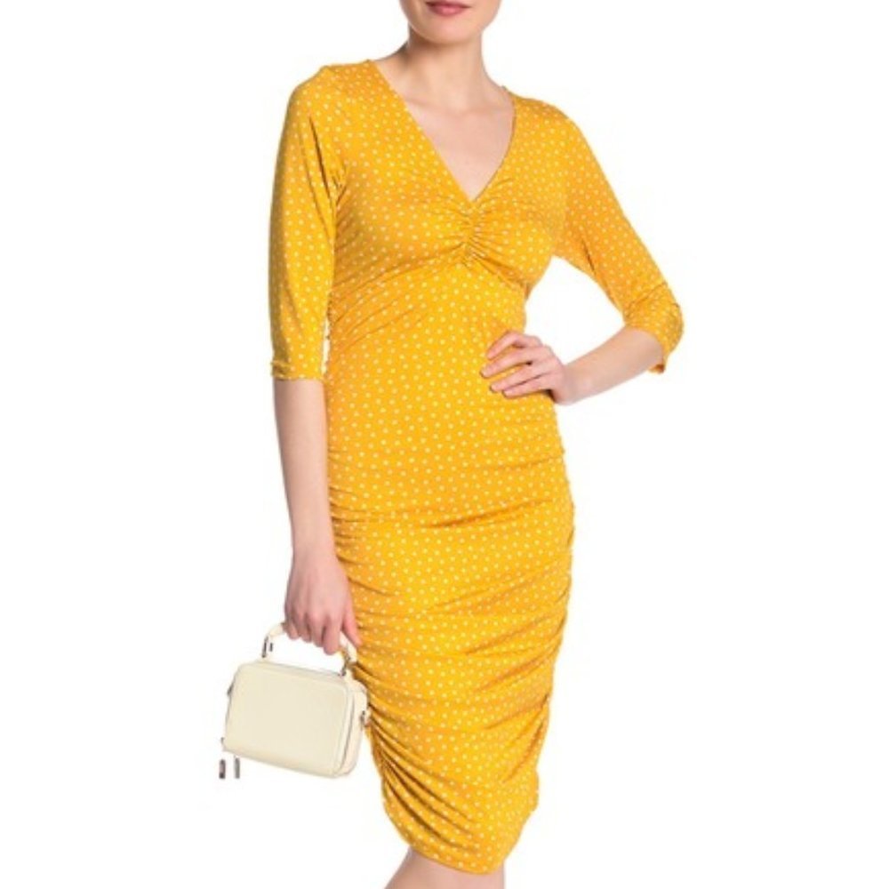Superfoxx Ruched 3/4 Sleeve Polka Dot Yellow Dress